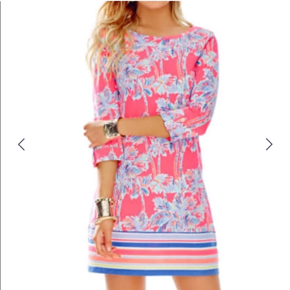 Lilly Pulitzer A-Line Linden Dress Flamingo Pink Palm Trees size XS Preppy